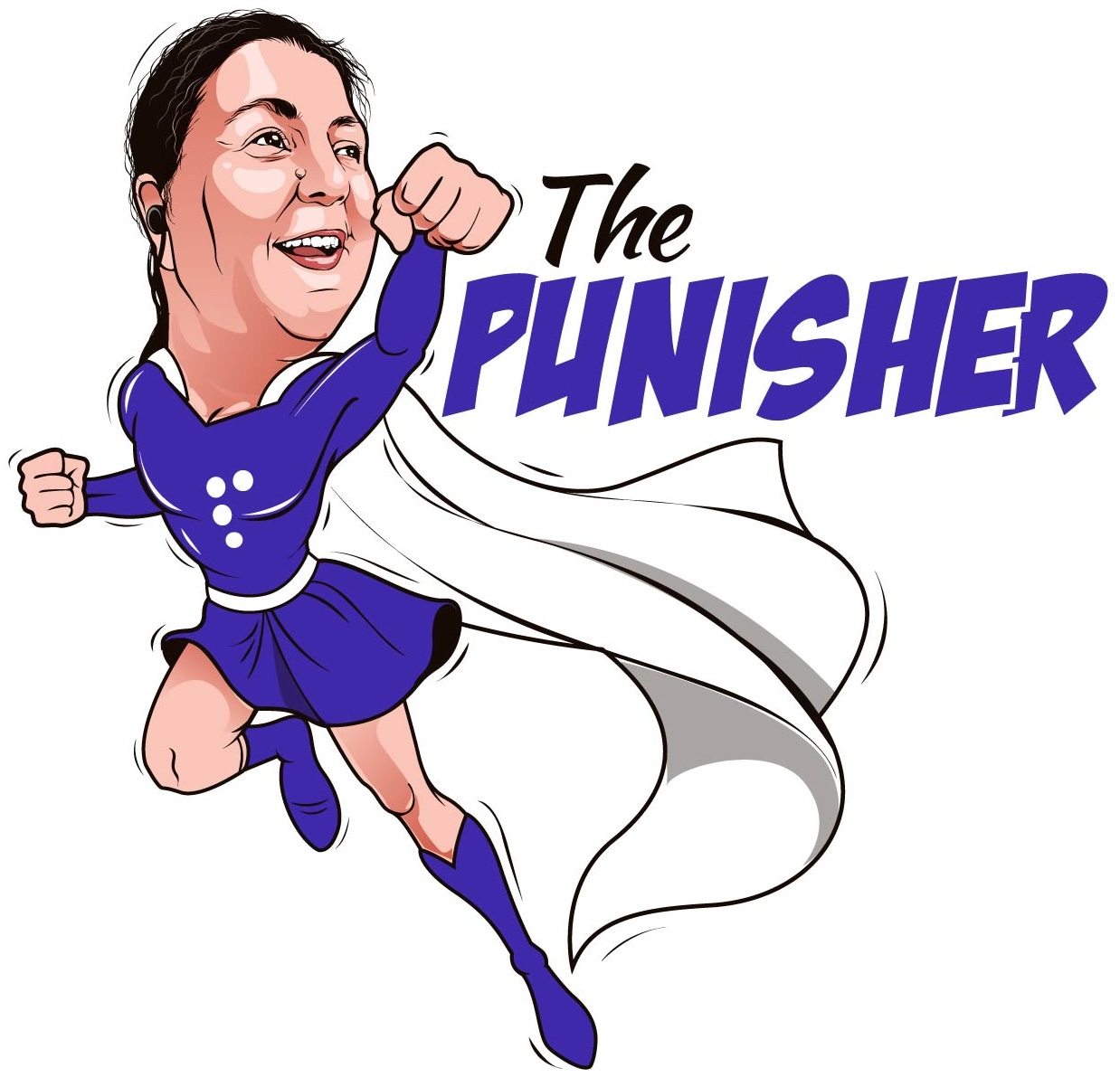 Cartoon-style illustration of a smiling Lucy, dressed as a superhero in a purple outfit with a white cape, flying forward with one arm raised. A white Braille letter “P” is on her chest. The text “The PUNISHER” appears beside her in bold purple and black lettering.
