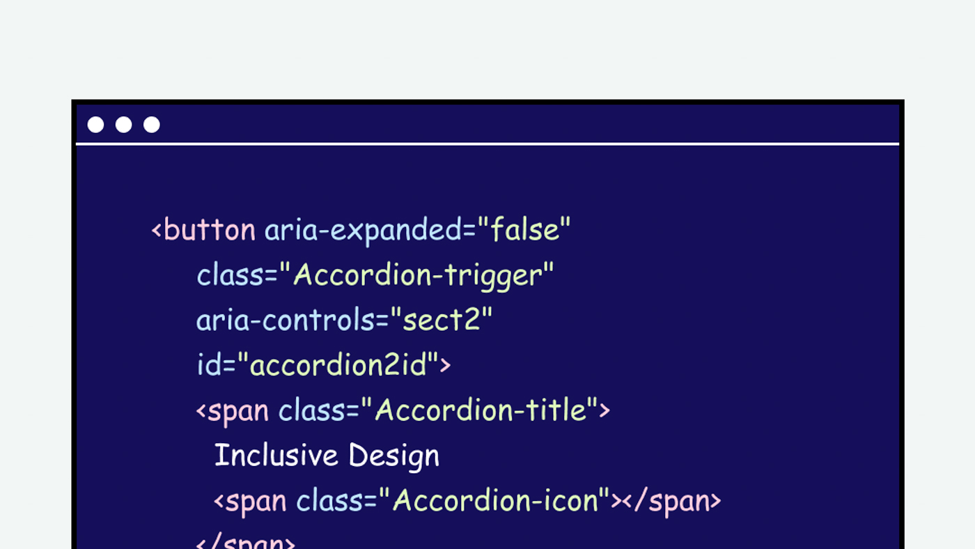 Code sample illustrating an accessible custom accordion trigger button element defining aria-expanded false and aria-controls attributes to communicate state and control to assistive tech.