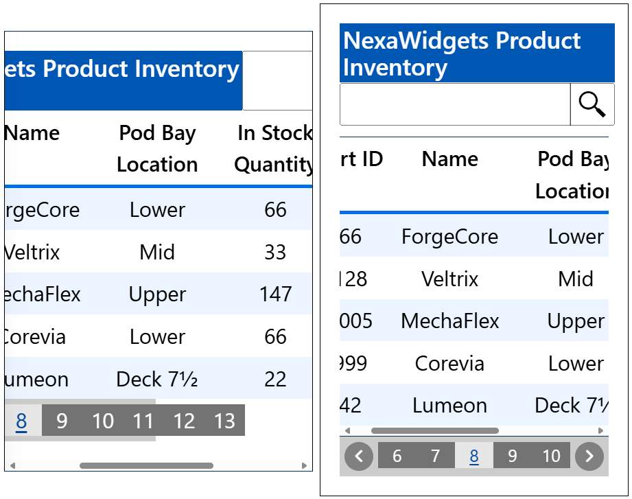 A data table interface demonstrating responsive reflow: in wide view multiple columns are visible; in narrow mobile viewport the layout reflows into a card stack without causing horizontal page scrolling.
